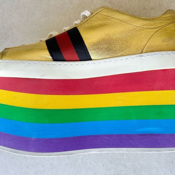 Gucci Peggy Rainbow Platform Sneakers EU 38 US 8 Gold Lace Up Slatform Shoes - Picture 2 of 16